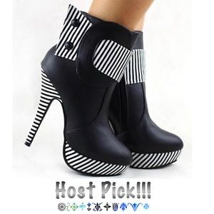 SHOW STORY Striped Button Zipper High Heel Stiletto Platform Ankle Boot Black 10